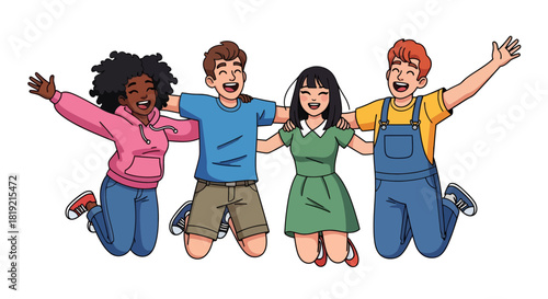 Illustrative joyful diverse young friends leaping embracing showing unity together forever