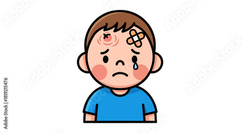 Injured cartoon boy with a bandage and bruise expressing sadness and discomfort