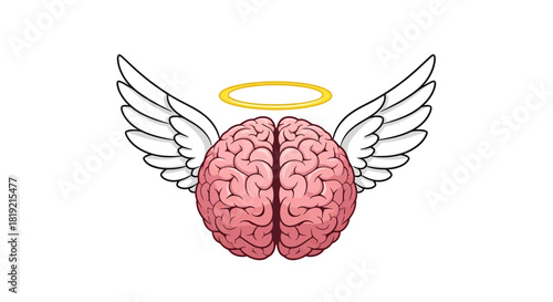Illustrative representation of a brain with wings and halo conveys intellectual brilliance