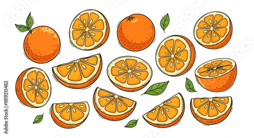 Illustrative pattern of orange citrus fruit with green leaves offers a healthy treat