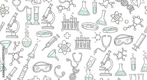 Intricate science illustration with various laboratory equipment and molecular structures creating
