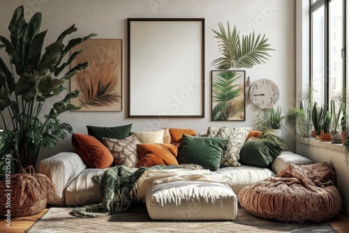 A large vertical poster frame and a gallery wall mock-up are displayed in a cozy living room interior- creating a warm and inviting atmosphere in this 3D rendered image