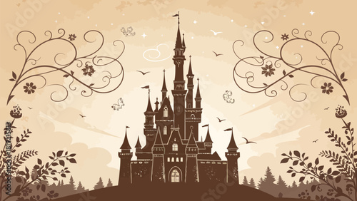 Enchanting fantasy castle silhouette beckons with fairytale dreams, set against decorative floral accents and whimsical birds in flight for magical storybook appeal