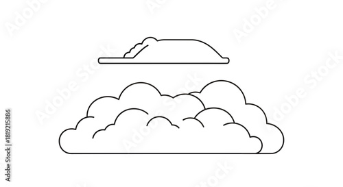 Minimalist cloudscape depiction in line art featuring ethereal fluffy formations in monochrome