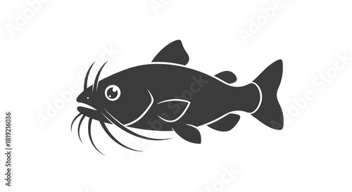 Monochrome catfish icon swimming, graphic representation of aquatic wildlife, detailed drawing of