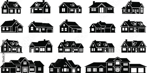 House silhouette collection, architectural styles, black illustration, residential design, modern traditional homes, roof shapes, window layout, real estate concept