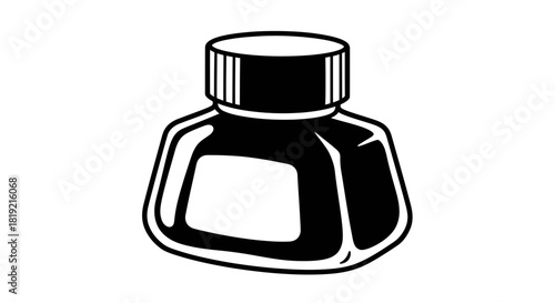 Monochrome illustration of an antique inkwell with thick outlines and empty label space