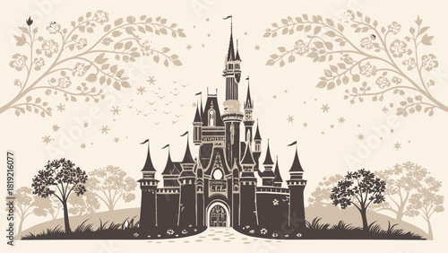 Whimsical castle illustration with dreamy fairytale landscape for magical storybooks and enchanting branding, bringing fantasy and charm to creative projects