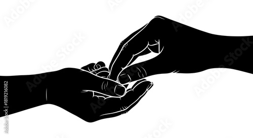 Monochrome illustration of two hands exchanging a small circular object subtly conveying a moment