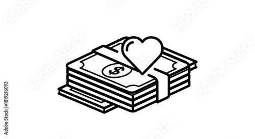 Monochrome money stack tied with ribbon featuring heart graphic representing prosperity