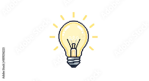 Pixelated glowing lightbulb emitting illumination, evoking concepts of innovation and solutions