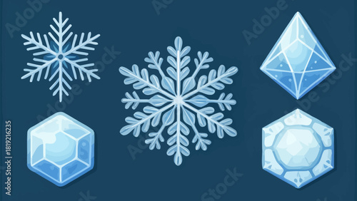 Beautiful winter snowflakes and ice crystal gems for holiday designs or seasonal themed decorations and crafts