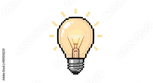 Pixelated lightbulb emits a soft glow, representing ideas in an 8-bit retro style visual