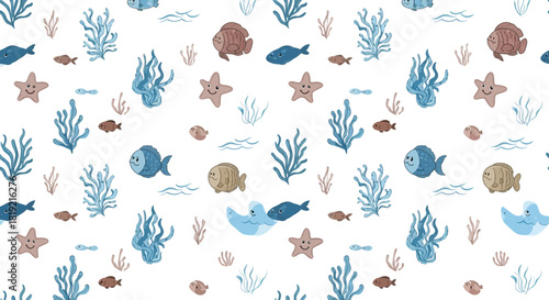 Playful Aquatic World: A Whimsical Underwater Sea Life Pattern Design with Cute Marine Creatures