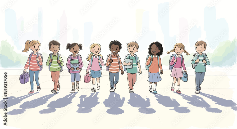 Fototapeta premium Diverse group of school children walking together in sunlight.