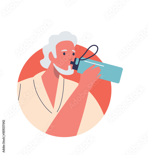 Grey-haired man hydrating drinking water