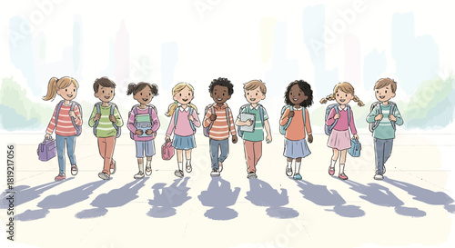 Diverse group of school children walking together in sunlight.