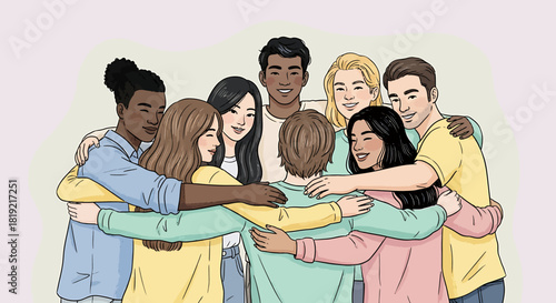 Diverse group of young friends hugging together in unity and support.