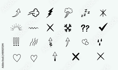 Hand-Drawn Doodle Symbols Set | Arrows, Check Marks, Hearts, Lightning, Question Marks and Expression Icons Vector