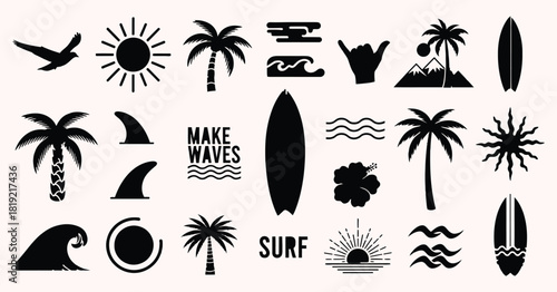 Surf and Beach Icons Set | Waves, Palm Trees, Surfboards, Sun, Shark Fin and Summer Symbol Vector