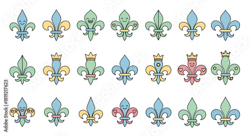 Stylized fleur-de-lis icons with cheerful expressions, decorative elements and pastel palette