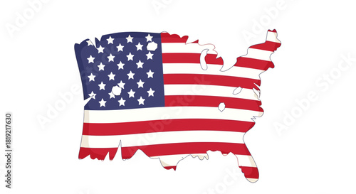 Stylized depiction of the USA map adorned with the iconic American flag design