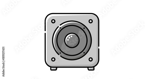 Stylized illustration of a square audio speaker with subtle gray tones and bold outlines
