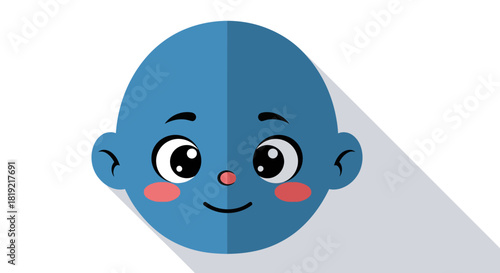 Stylized illustration of a whimsical blue baby face with exaggerated features creating a