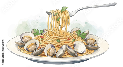 A delicious watercolor illustration of spaghetti with clams and parsley.