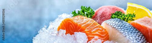 Fresh raw salmon and fish fillet on crushed ice with lemon and parsley, vibrant seafood display evoking freshness and appetite