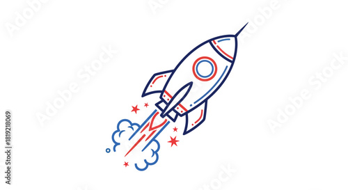 Stylized rocket ship ascending with vapor trail and stars against a clean backdrop
