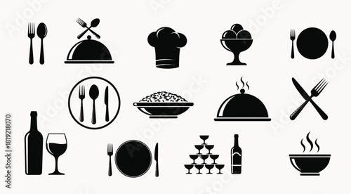 Restaurant and Food Icons Set | Dining, Chef, Cutlery, Serving Dish, Wine and Cuisine Vector Collection