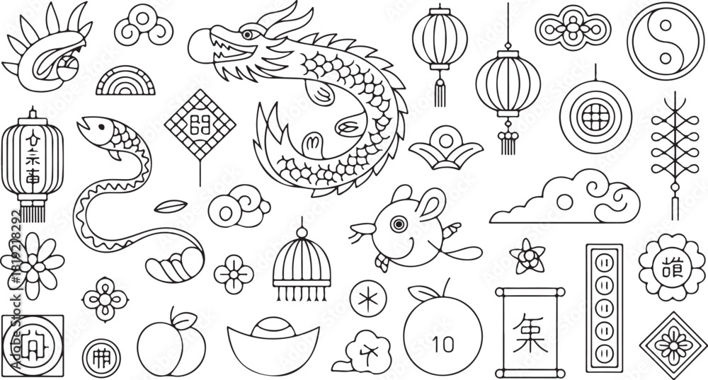 Fototapeta premium Chinese new year festive icons feature a dragon, lantern, and clouds, shown on white