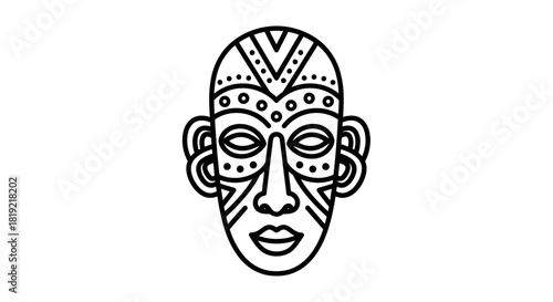 Stylized tribal mask illustration featuring bold symmetrical patterns and graphic design elements