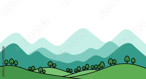 Stylized vector mountain landscape in teal with rolling hills and trees serene design