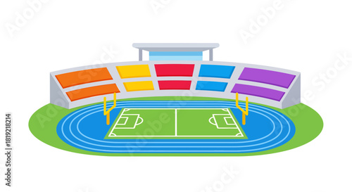 Stylized vibrant stadium scene with running tracks and field offers simple sport imagery