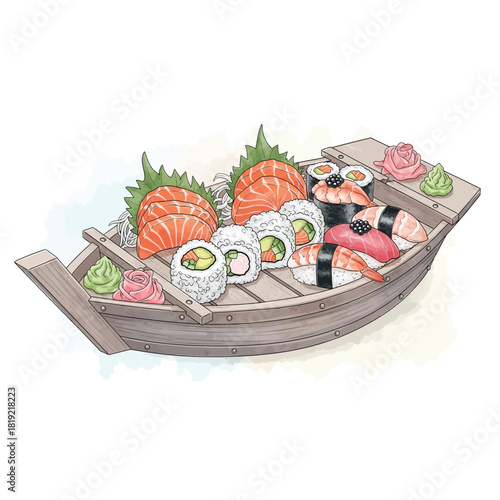 A delightful sushi boat filled with an assortment of fresh sashimi and maki rolls.