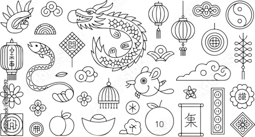 Chinese new year festive icons feature a dragon, lantern, and clouds, shown on white