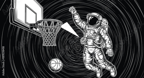 Astronaut playing basketball, space sports concept, cosmic vortex background, surreal design, futuristic action, black and white illustration, sci-fi art