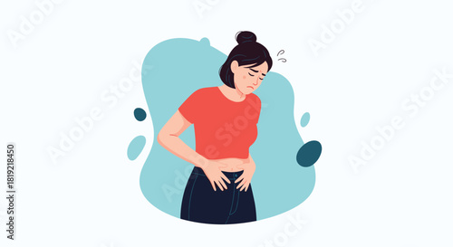 Woman holding her stomach in pain with a distressed expression.