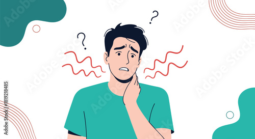 Man with hand on his neck, looking concerned with question marks above his head.