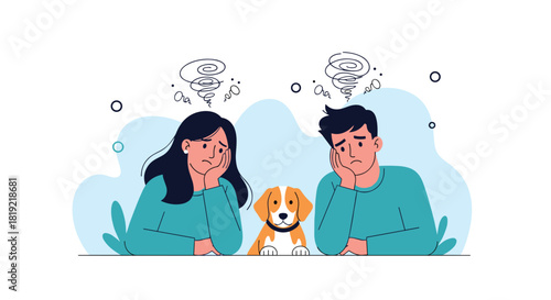 A couple and their dog look stressed and overwhelmed with swirling thoughts above their heads.