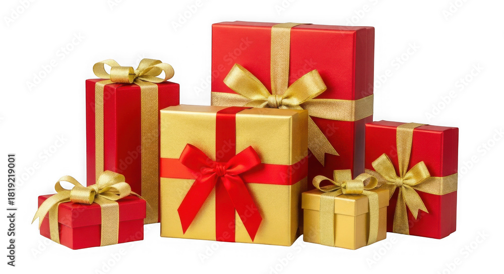 Fototapeta premium A collection of red and gold gift boxes with ribbons