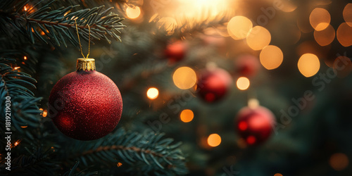 Festive Christmas Baubles Hanging on a Pine Branch with Warm Bokeh Lights