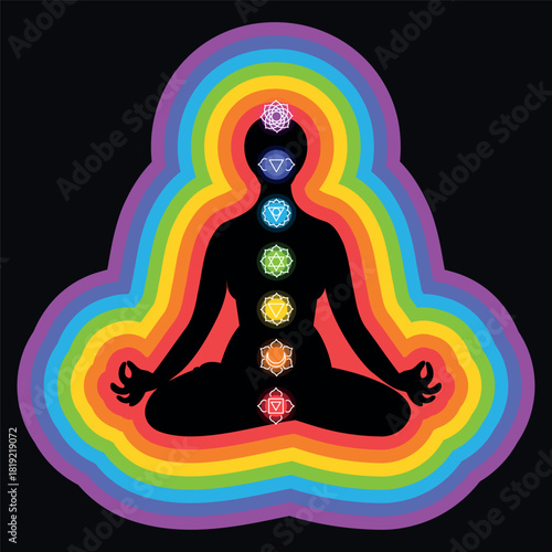 Human subtle bodies. Silhouette  of girl sits in the lotus position and meditates. Yoga. Beautiful background with leaves and flowers. Colored chakras.