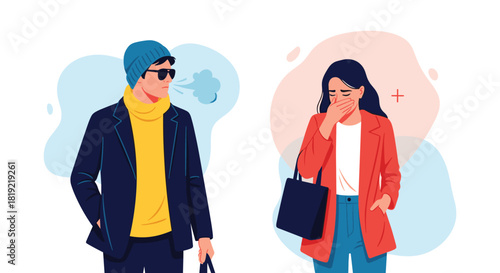 Man exhaling air in cold weather, while woman covers her mouth from a cough.