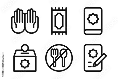 Muslim Daily Worship Linear Icon Set - Editable Stroke : Suitable for Use in Apps, Digital Content, and Printed Materials Related to Islamic Lifestyle, Prayer Activities, Ramadan and Eid Themes.