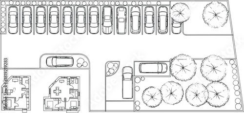 Architectural site plan with parking layout, building floor plans, landscaped trees, car spaces, urban design blueprint illustration for construction projects