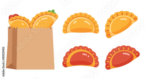 Golden brown empanadas served in a paper bag and isolated individually