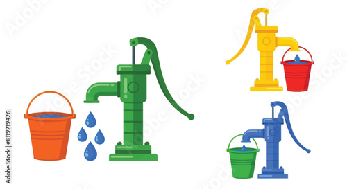 Colorful water pumps and buckets a playful illustration of water sources